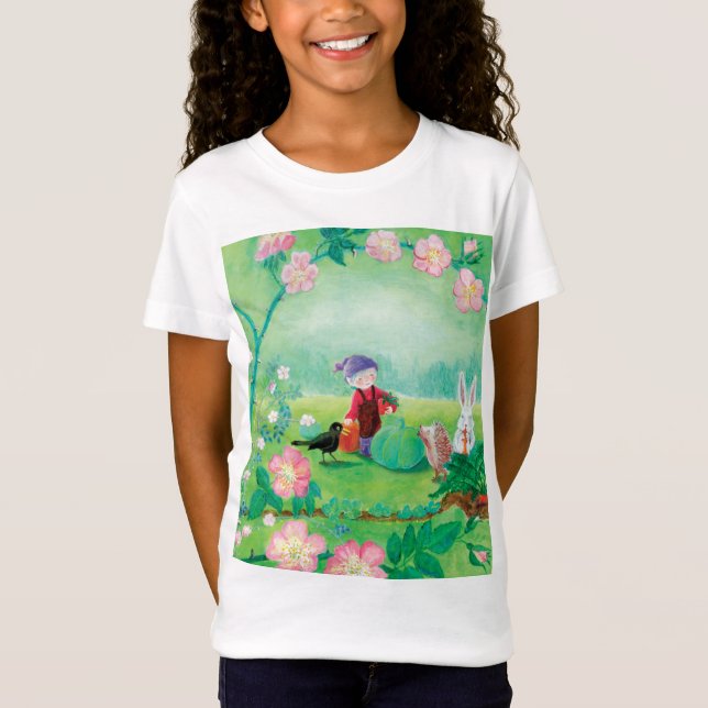 Gnome gardener, Blackbird, Hedgehog & white Rabbit T Shirt (Framsida)