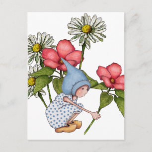 Gnome Girl Picking Flowers, Fanstasy Art Vykort