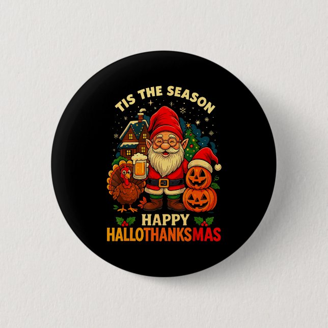 Gnome Happy Hallothanksmas Shirt Halloween Thanksg Knapp (Framsida)