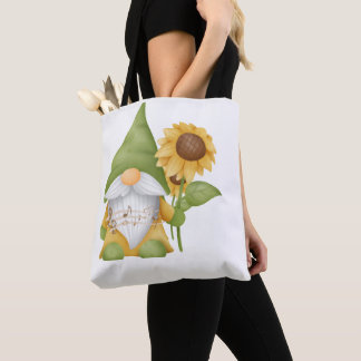 Gnome Holding a Sunflower and Notes on a Tote Bag Tygkasse