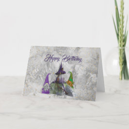 Gnome House Guld Confetti Lila Birthday Kort