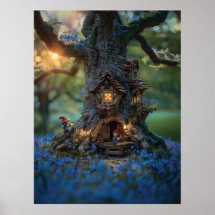 Gnome-hus i träd omgivet av blåklockor poster