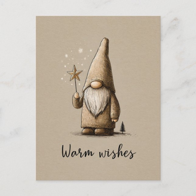 Gnome Illustration with "Warm Wishes" Text Vykort (Framsida)