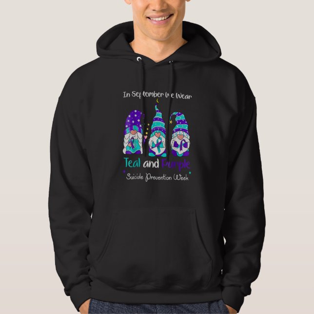 Gnome In September We Wear Teal And Purple Suicide Hoodie (Framsida)