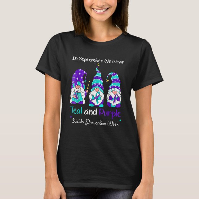 Gnome In September We Wear Teal And Purple Suicide T Shirt (Framsida)
