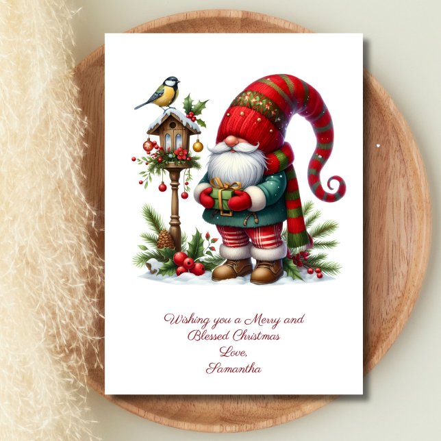 Gnome Jultomten Helgdag-kort för vinterjul Julkort (Gnome Santa Clause Winter Bird Christmas Holiday Card. Personalize your message)