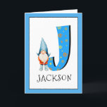 Gnome Kids Brev J Namn och Ålder Birthday Hälsning Kort<br><div class="desc">Om du vill ändra färg i gräns klickar du på "anpassa". När du lägger till namn och åldern på en födelsedagsflicka eller pojke till vårt gnommonogramkort, skapar du en engångsföreteelse, speciellt tillverkad barnfödelsedag hälsning. Att sitta bredvid det stora blå brev med gult- och orange stjärnor och spiral är en av...</div>