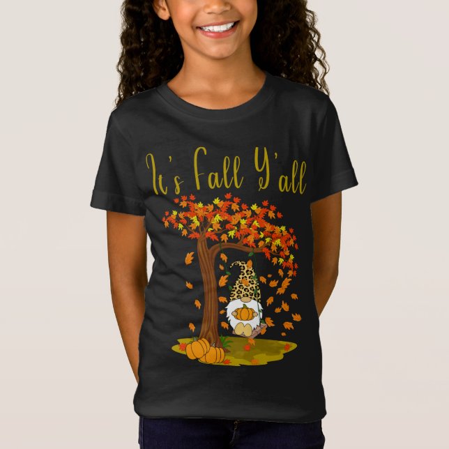 Gnome Leopard Fall Pumpkins Cute Det är Fall Y'all T Shirt (Framsida)