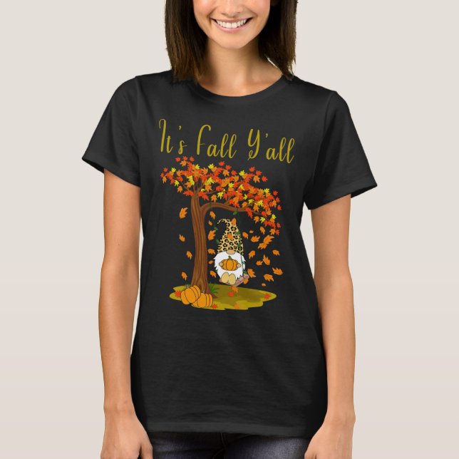 Gnome Leopard Fall Pumpkins Cute Det är Fall Y'all T Shirt (Framsida)