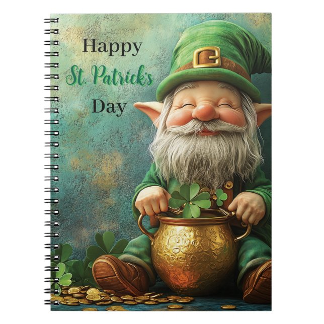 Gnome Leprechaun och Pot of Guld St. Patrick's Day Anteckningsbok (Framsidan)
