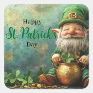Gnome Leprechaun och Pot of Guld St. Patrick's Day Fyrkantigt Klistermärke