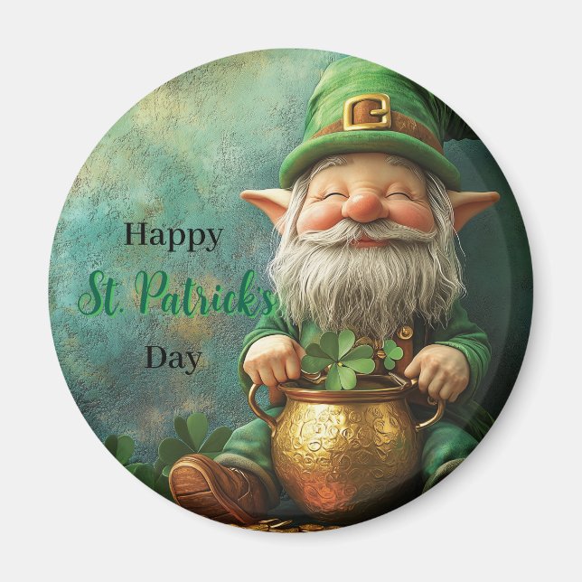 Gnome Leprechaun och Pot of Guld St. Patrick's Day Magnet (Framsidan)