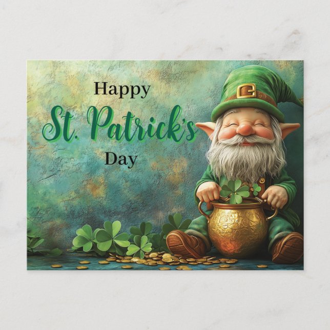 Gnome Leprechaun och Pot of Guld St. Patrick's Day Vykort (Framsida)