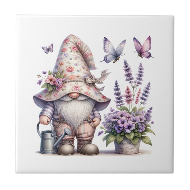 Gnome Lila Rosa Flowers Lavender Butterflies Kakelplatta (Framsidan)
