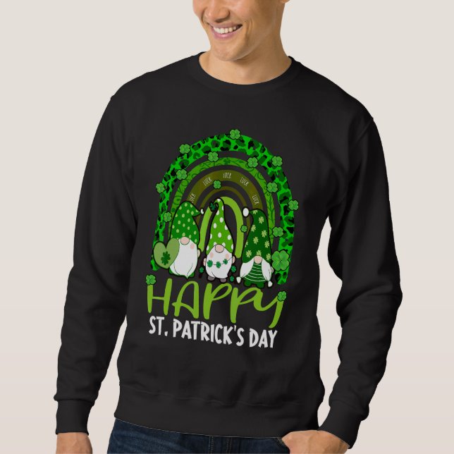 Gnome Lucky Shamrock Rainbow Leopard St Patricks D Lång Ärmad Tröja (Framsida)