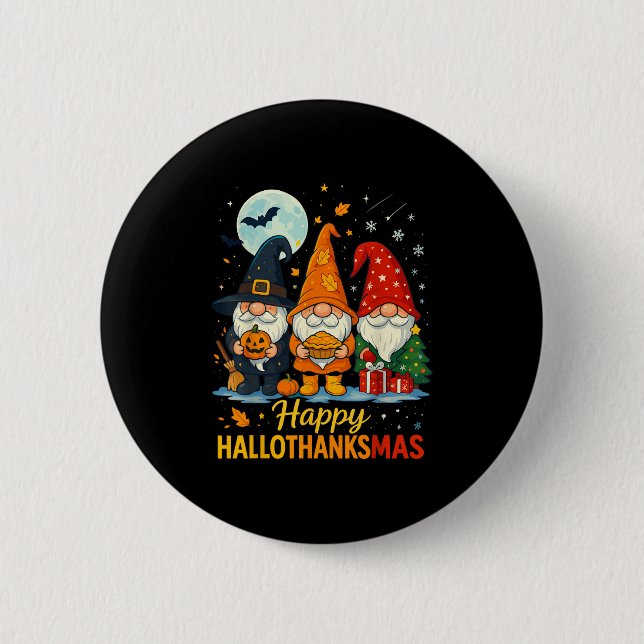 Gnome Lycklig Hallothanksmas Shirt Halloween Julaf Knapp (Framsida)