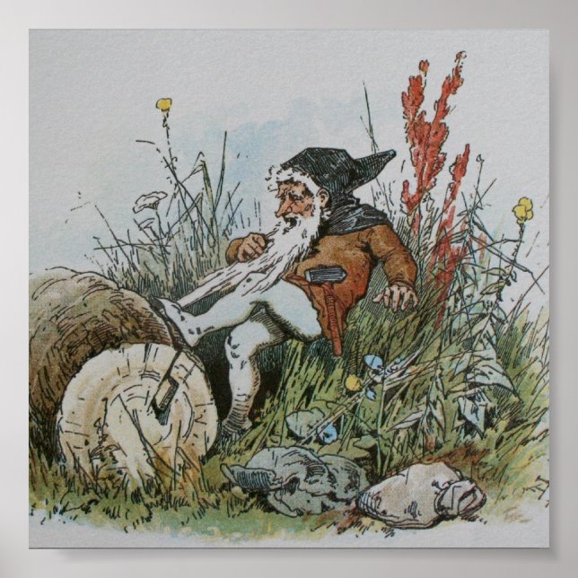 Gnome med hans skägge på en logg poster (Framsidan)