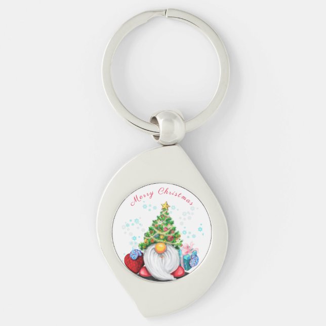 Gnome med Julgran Hat Keychain Gift Swirl Silverfärgad Nyckelring (Framsidan)