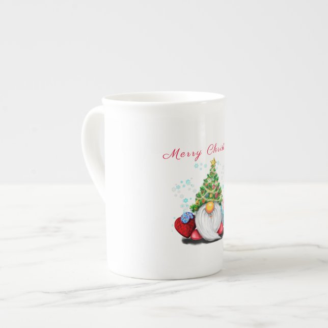 Gnome med Julgran Hat Mugg Gift Benporslin Mugg (Framsida vänster)
