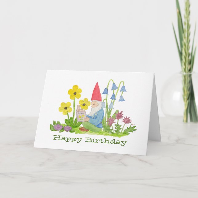 Gnome med kortet för blommabokfödelsedag kort (Framsida)