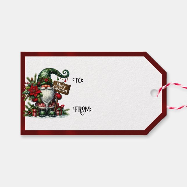 Gnome Merry Christmas & Red Borders Presentetikett (Framsidan (Horizontal))