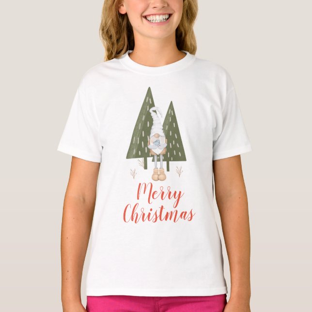 Gnome och blåfågel God Jul  T Shirt (Framsida)