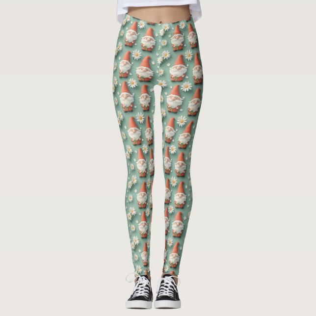 Gnome och Daisy Sömlös Mönster Garden Design Leggings (Framsida)