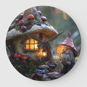 Gnome och ett svamphus, fantasydesign stor klocka