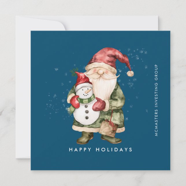 Gnome och Snögubbe Glad helg Business Flat Julkort (Framsida)