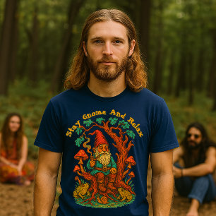Gnome på Gnarly Träd Retro Psychedelic Art T Shirt