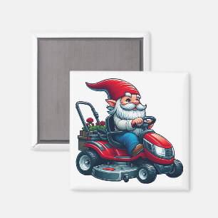 Gnome på Riding Gräsmatta Mower med Flower Basket Magnet
