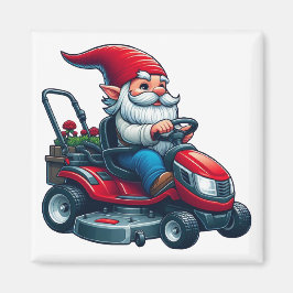 Gnome på Riding Gräsmatta Mower med Flower Basket Magnet