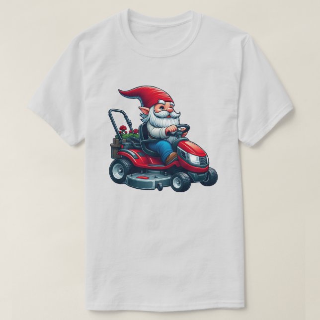 Gnome på Riding Gräsmatta Mower med Flower Basket T Shirt (Design framsida)