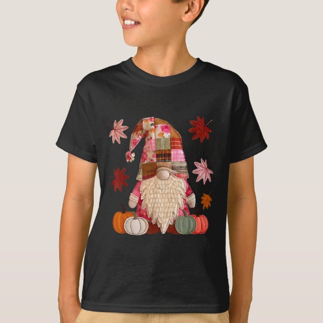 Gnome Patchwork Pumpkin Thanksgiving Autumn Fall L T Shirt (Framsida)