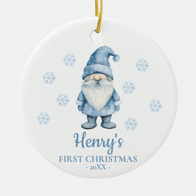 Gnome Personalized Baby's First Christmas Julgransprydnad Keramik (Framsidan)