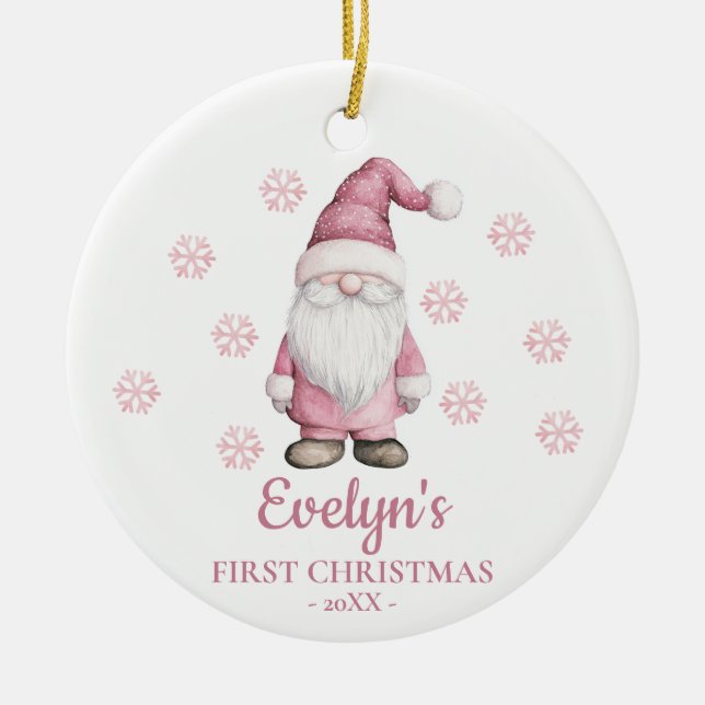 Gnome Personalized Girl's First Christmas Julgransprydnad Keramik (Framsidan)