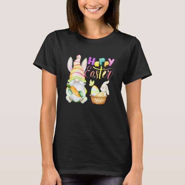 Gnome Rabbit Eggs Bunny Watercolor Hunting Lycklig T Shirt (Framsida)