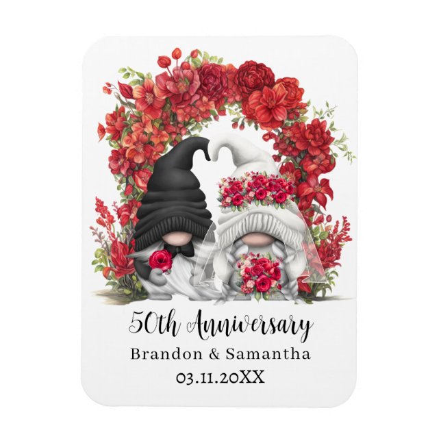 Gnome Red Blommigt Arch 50:e Bröllop-årsdagen Magnet (Vertikal)
