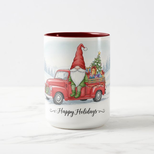 Gnome Red Truck Christmas Mug, Happy Holidays Cup Två-Tonad Mugg (Center)