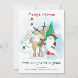Gnome Reindeer och Julgran Whimsical Funny Julkort