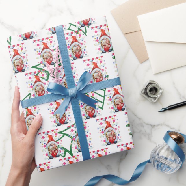 Gnome Santa with Background Julgranar Presentpapper (Gifting)