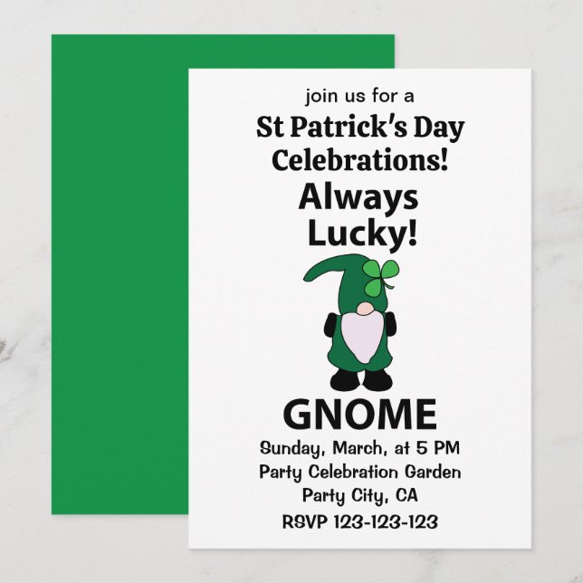 Gnome Shamrock Lucky St patricks day Gnome Inbjudningar (Fram/baksida)