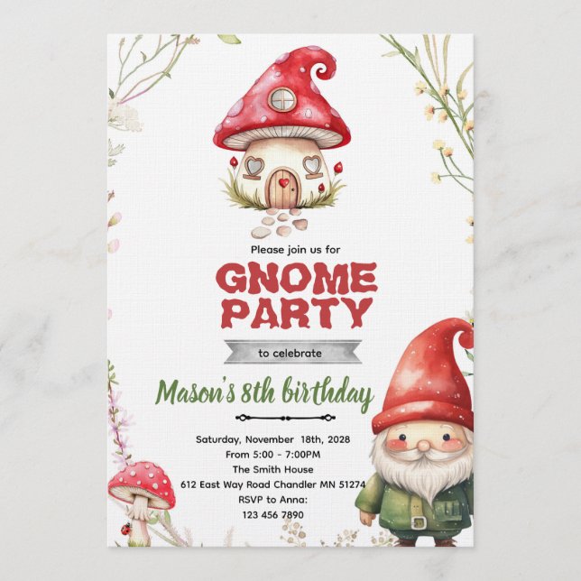 Gnome theme party invitation inbjudningar (Framsida)
