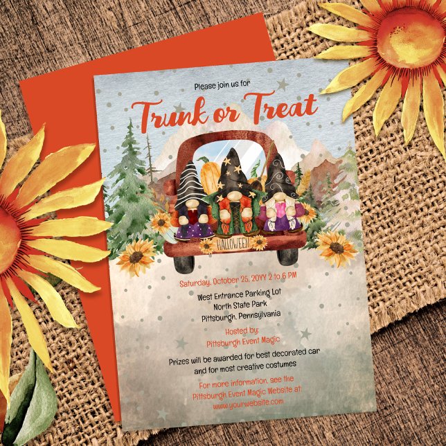 Gnome Trio i Lastbil Halloween Trunk eller Treat Inbjudningar (Join this cute little gnome trio in celebrating Halloween with a Trunk or Treat event!  Lots of fun!)