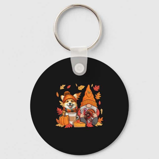 Gnome Turkey Corgi Thanksgiving Fall Leaves Pumpki Nyckelring (Framsida)