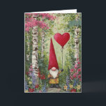 Gnome Valentine Card-Blank Inside-Customizable Kort<br><div class="desc">Gnome Valentine Card-Blank Inside-Customizable. Gnome Holding a Red Heart Balloon in the Forest.</div>