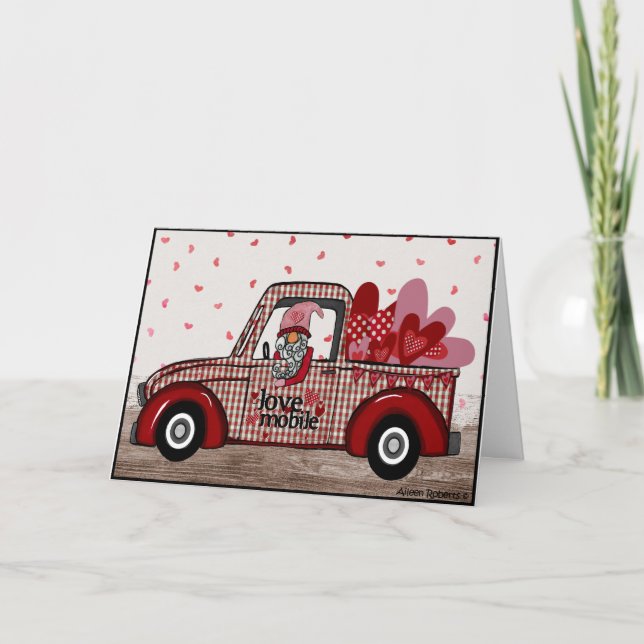 Gnome Valentine Card Retro Lastbil Helgkort (Framsida)