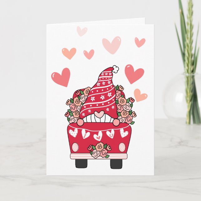 Gnome Valentine Card Retro Lastbil Helgkort (Framsida)