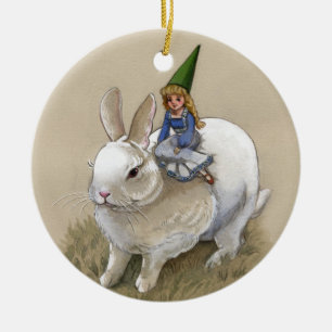 Gnomedam- och vitkaninprydnad julgransprydnad keramik