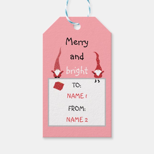 Gnomer med Julgranar och gåvor om rosa Presentetikett (Framsidan)